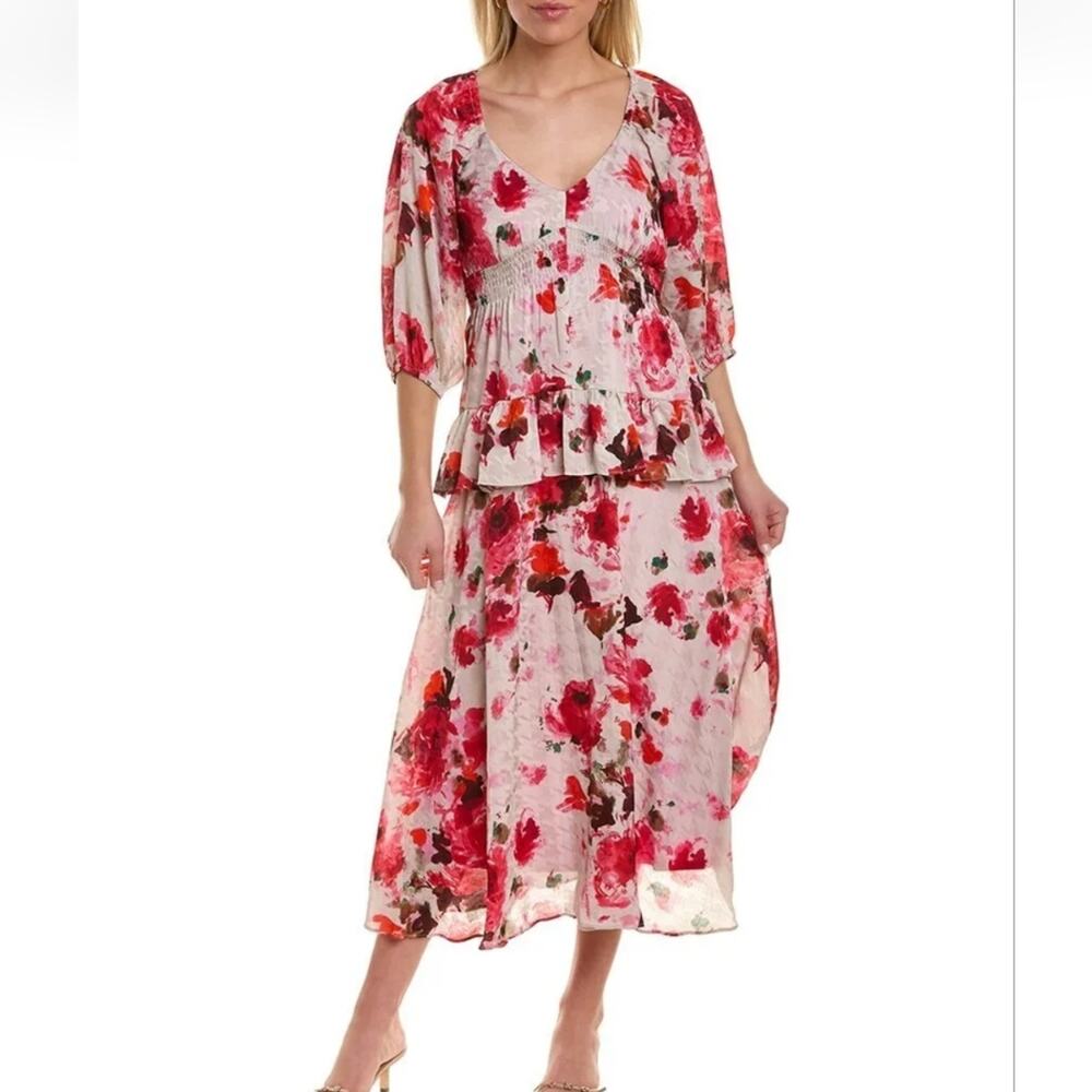 Taylor floral ruffled boho‎ Victorian Jacquard Midi Dress Women's size 4 new!!